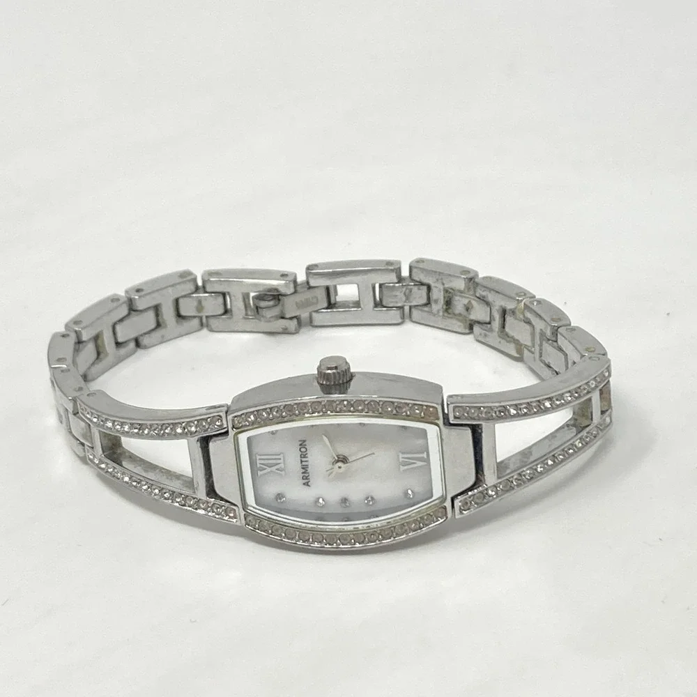 Armitron Watch Women 18mm Silver Tone Crystals Bling MOP Dial New Battery 6.5